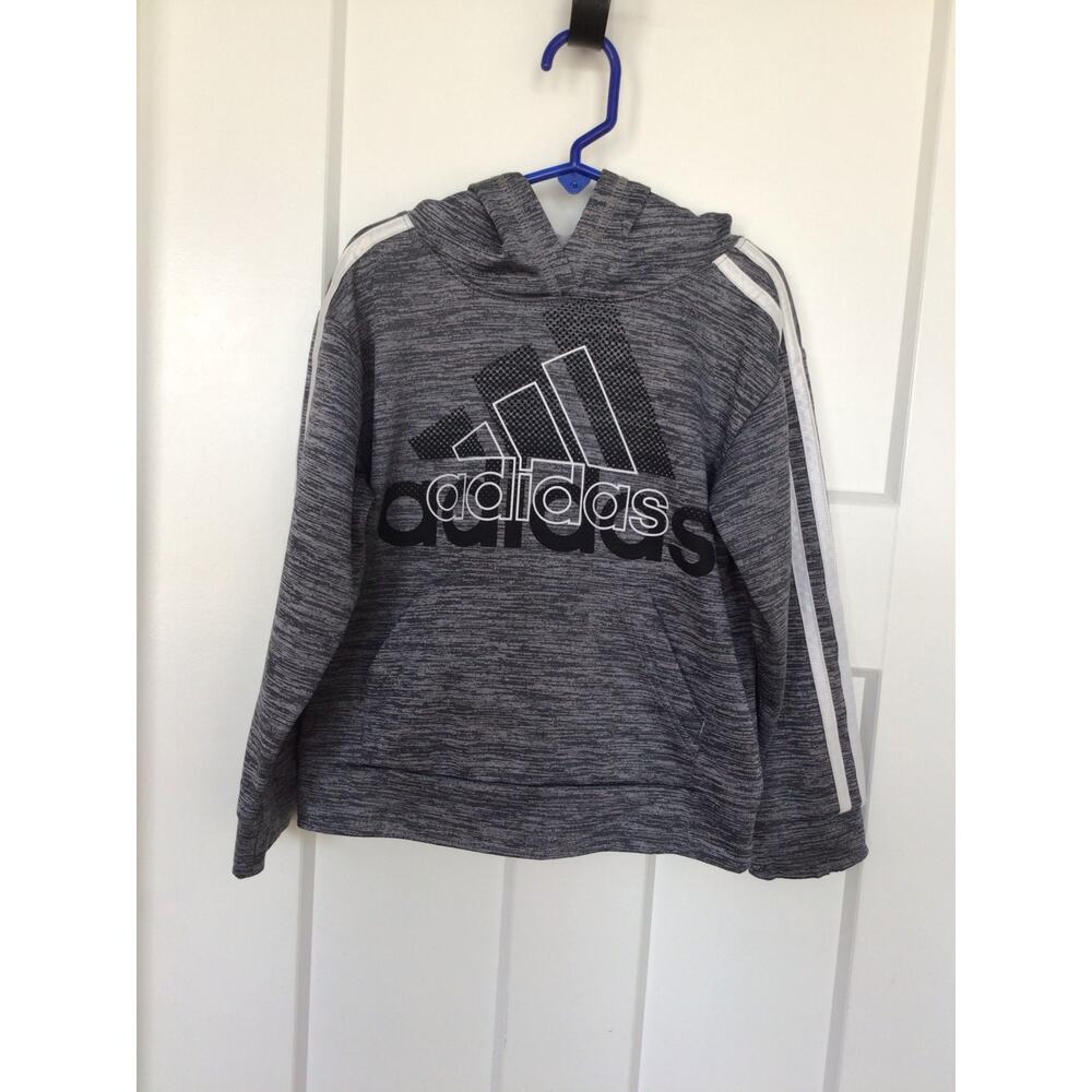 Adidas Boys Striped Long Sleeve Hooded Pullover Athleisure Grey‎ Black Size 5